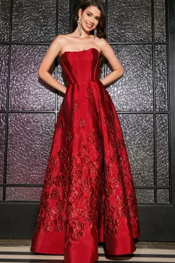 A-Line Strapless elegante princesa vermelho escuro longo vestido de baile com flores 3D