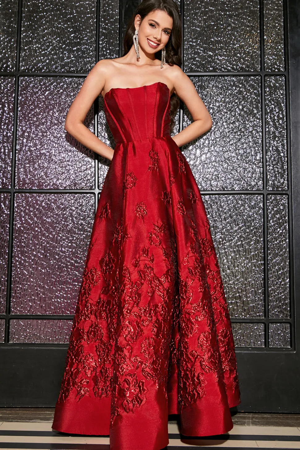 A-Line Strapless elegante princesa vermelho escuro longo vestido de baile com flores 3D