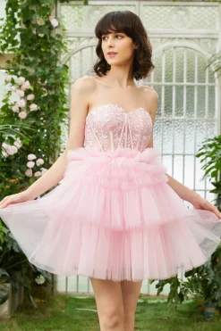 A-Line Sweetheart Rosa Vestido Curto Homecoming