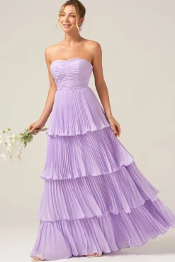 A-Line Sweetheart Tiered Chiffon longo Lilás vestido de dama de honra com pregas