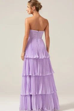 A-Line Sweetheart Tiered Chiffon longo Lilás vestido de dama de honra com pregas