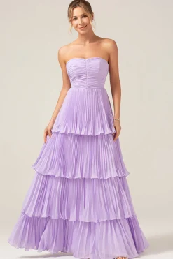 A-Line Sweetheart Tiered Chiffon longo Lilás vestido de dama de honra com pregas