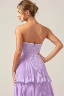 A-Line Sweetheart Tiered Chiffon longo Lilás vestido de dama de honra com pregas