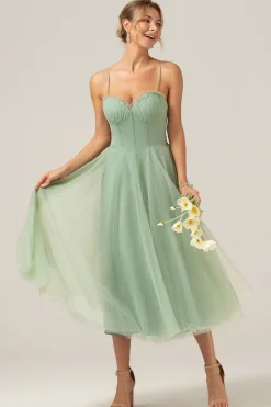 A-Line Tea-Length Corset Tulle Matcha Vestido Madrinha