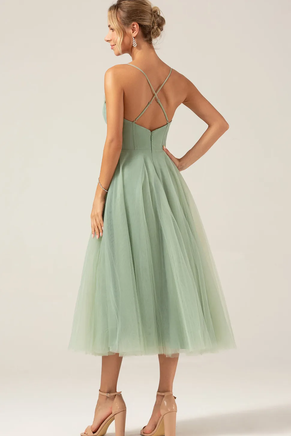 A-Line Tea-Length Corset Tulle Matcha Vestido Madrinha