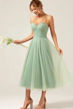 A-Line Tea-Length Corset Tulle Matcha Vestido Madrinha