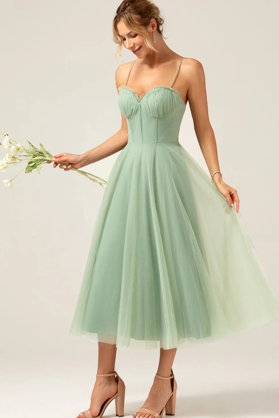 A-Line Tea-Length Corset Tulle Matcha Vestido Madrinha
