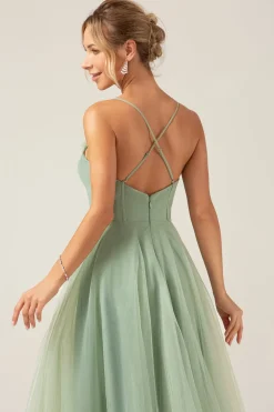 A-Line Tea-Length Corset Tulle Matcha Vestido Madrinha