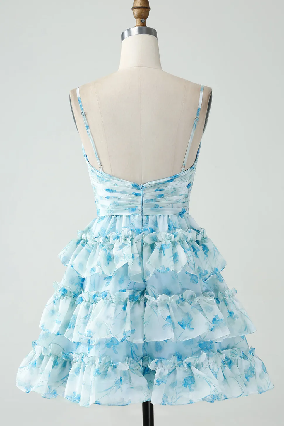 A-Line Tiered Blue Floral Cut out Vestido Curto Homecoming