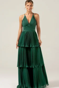A-Line Tiered Chiffon Verde Escuro Vestido de Dama de Honra Longo com Pregado
