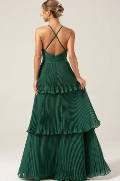 A-Line Tiered Chiffon Verde Escuro Vestido de Dama de Honra Longo com Pregado