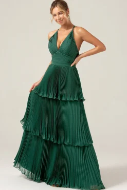 A-Line Tiered Chiffon Verde Escuro Vestido de Dama de Honra Longo com Pregado