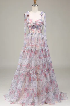A-Line Tule Flor Vestido de Baile Impresso