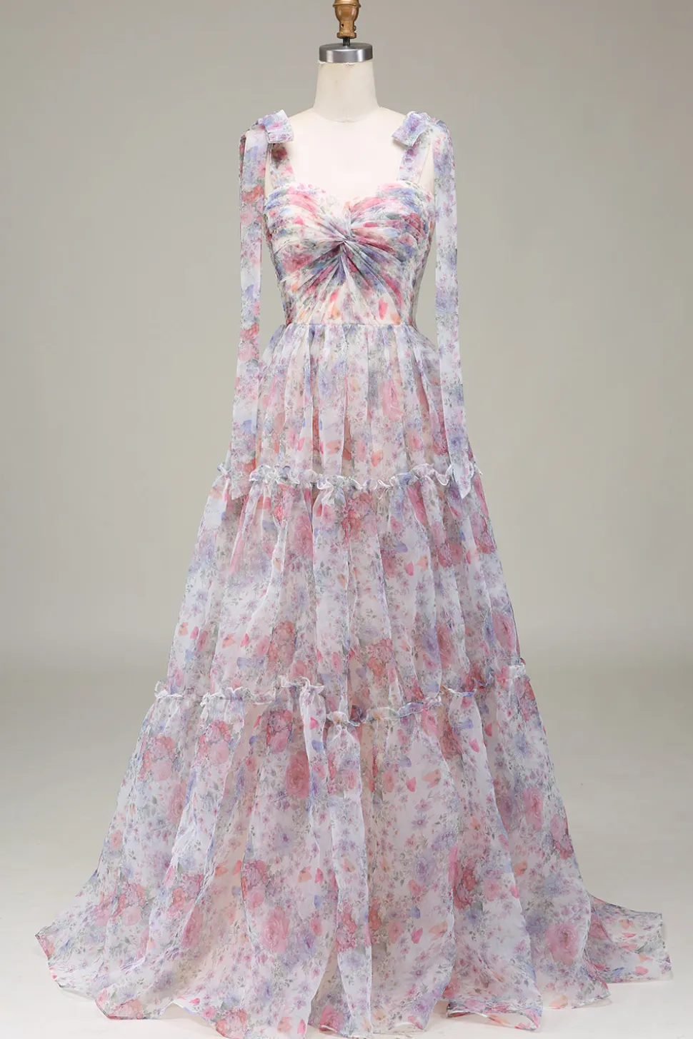 A-Line Tule Flor Vestido de Baile Impresso