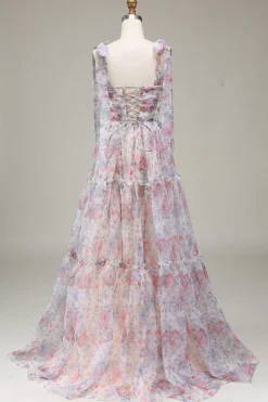 A-Line Tule Flor Vestido de Baile Impresso