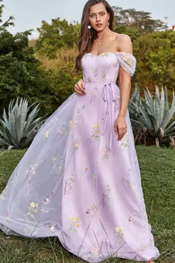 A-Line Tule Fora do Ombro Vestido de Festa