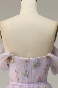 A-Line Tule Fora do Ombro Vestido de Festa