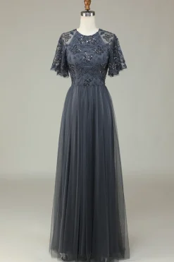 A-Line Tule frisado longo vestido de dama de honra cinza com apliques