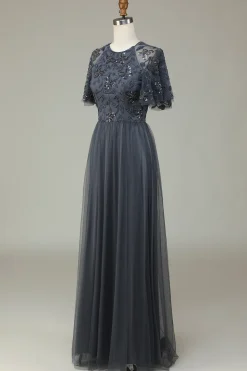 A-Line Tule frisado longo vestido de dama de honra cinza com apliques