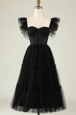 A-Line Tule Querida Vestido de Cocktail Preto