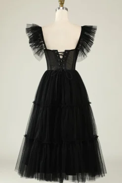 A-Line Tule Querida Vestido de Cocktail Preto