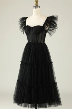 A-Line Tule Querida Vestido de Cocktail Preto