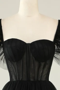 A-Line Tule Querida Vestido de Cocktail Preto