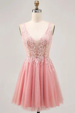 A-line Tulle Blush Sequins Backless Vestido Curto Homecoming com Missangas