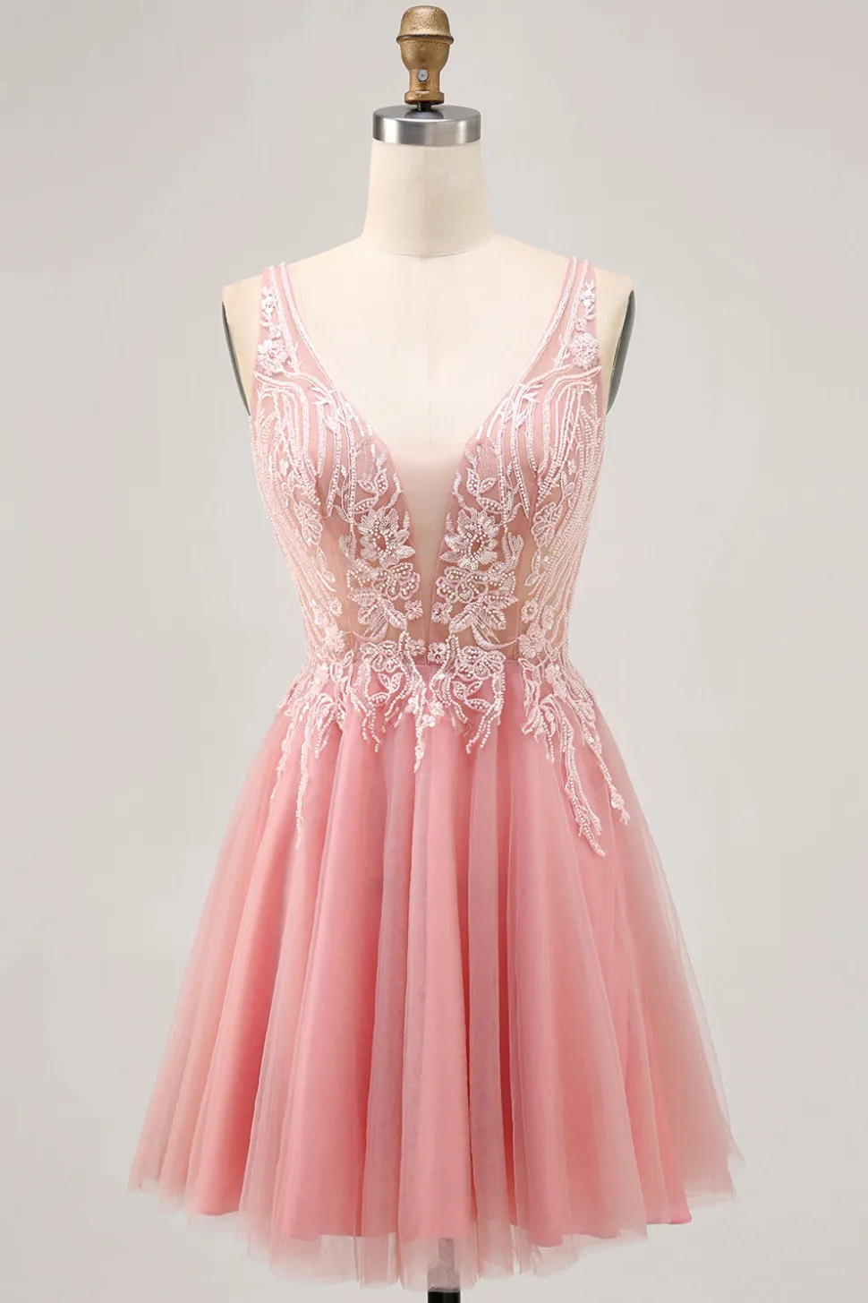 A-line Tulle Blush Sequins Backless Vestido Curto Homecoming com Missangas