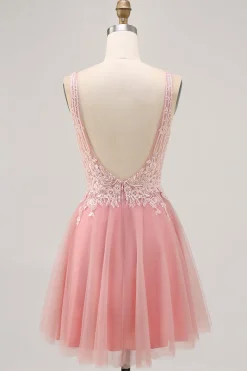 A-line Tulle Blush Sequins Backless Vestido Curto Homecoming com Missangas