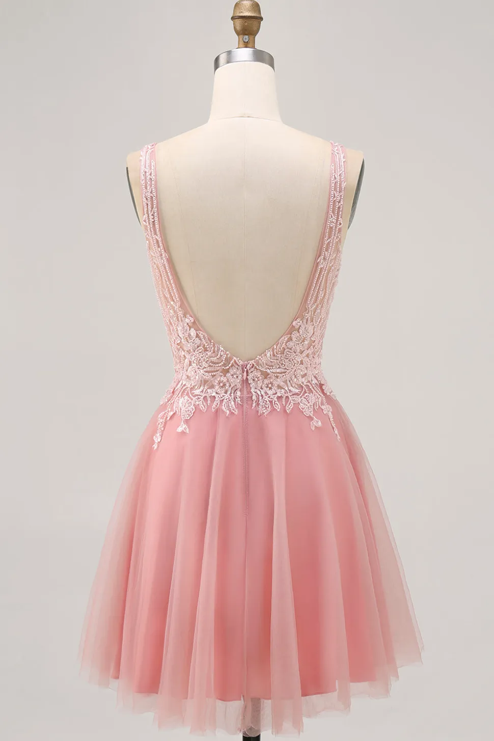 A-line Tulle Blush Sequins Backless Vestido Curto Homecoming com Missangas