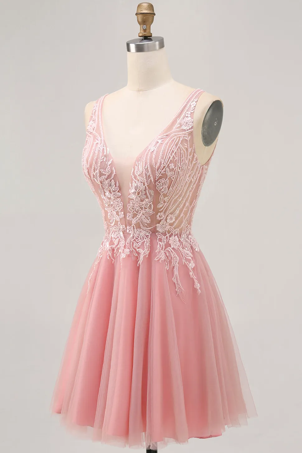A-line Tulle Blush Sequins Backless Vestido Curto Homecoming com Missangas