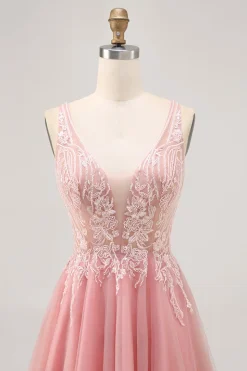 A-line Tulle Blush Sequins Backless Vestido Curto Homecoming com Missangas
