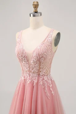 A-line Tulle Blush Sequins Backless Vestido Curto Homecoming com Missangas