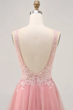 A-line Tulle Blush Sequins Backless Vestido Curto Homecoming com Missangas