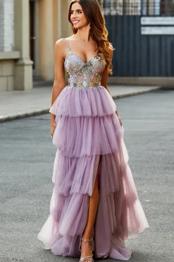 A-Line Tulle Long Corset Tiered Mauve Prom Dress Com Apliques