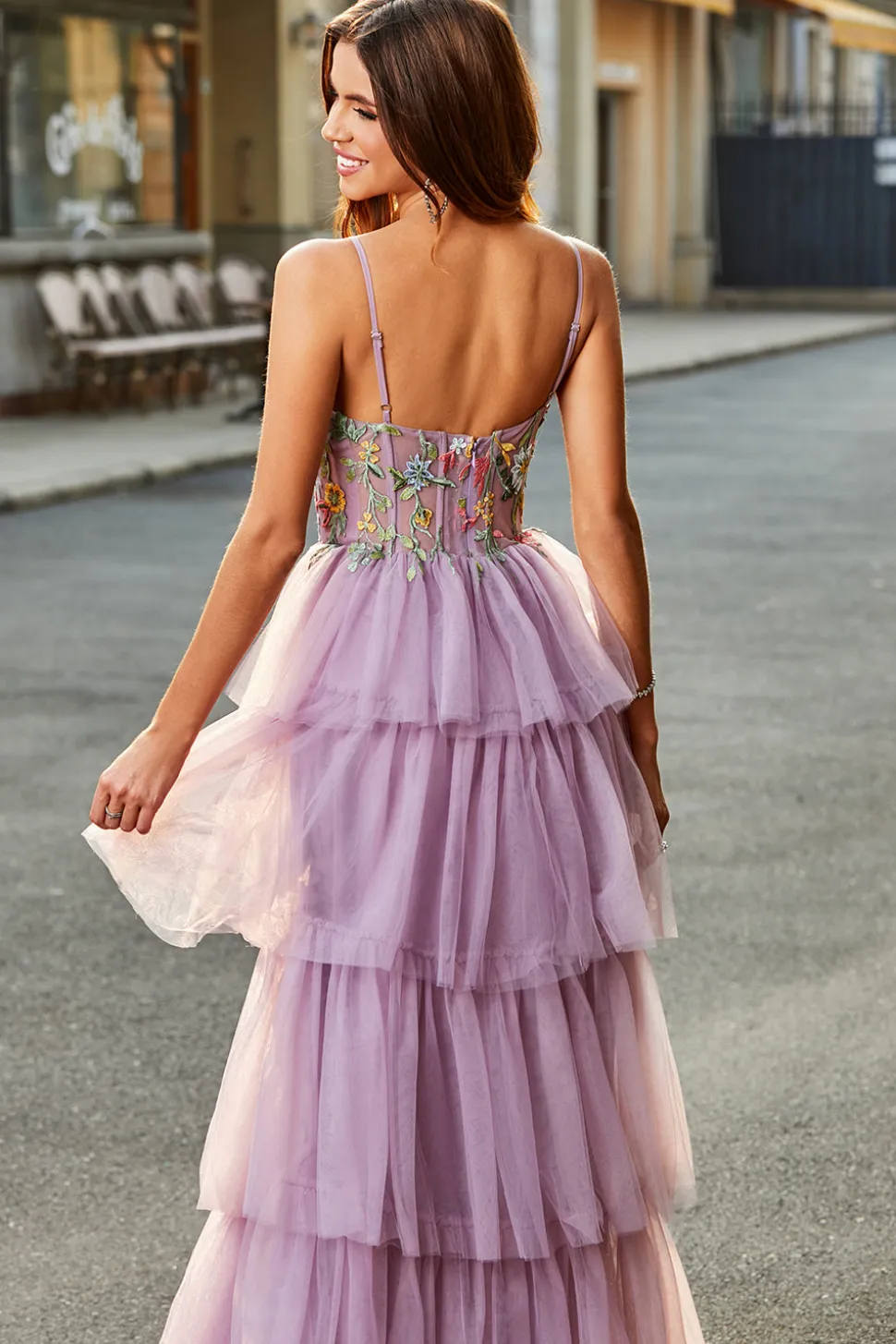 A-Line Tulle Long Corset Tiered Mauve Prom Dress Com Apliques