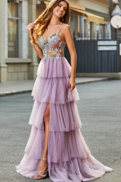A-Line Tulle Long Corset Tiered Mauve Prom Dress Com Apliques