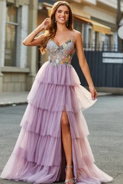 A-Line Tulle Long Corset Tiered Mauve Prom Dress Com Apliques