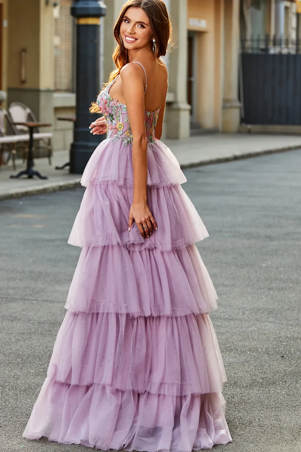 A-Line Tulle Long Corset Tiered Mauve Prom Dress Com Apliques