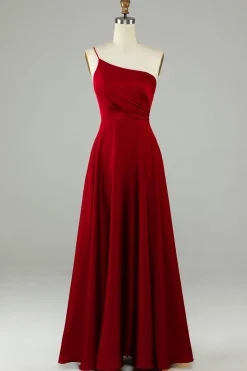 A-Line Um Ombro Borgonha Vestido Longo Madrinha com Folhos
