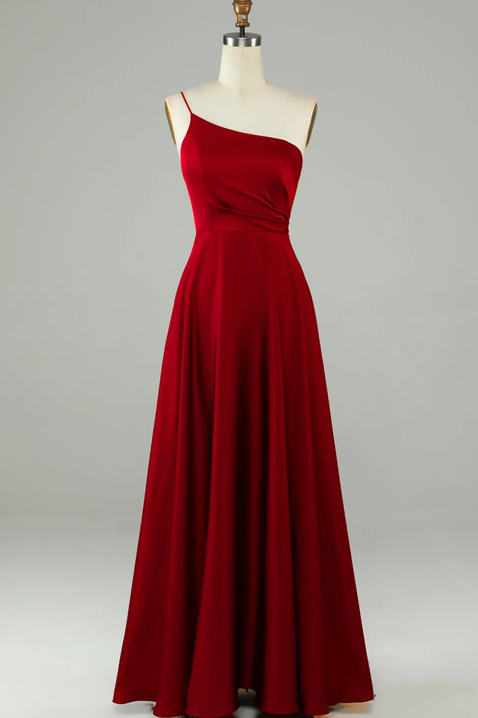 A-Line Um Ombro Borgonha Vestido Longo Madrinha com Folhos