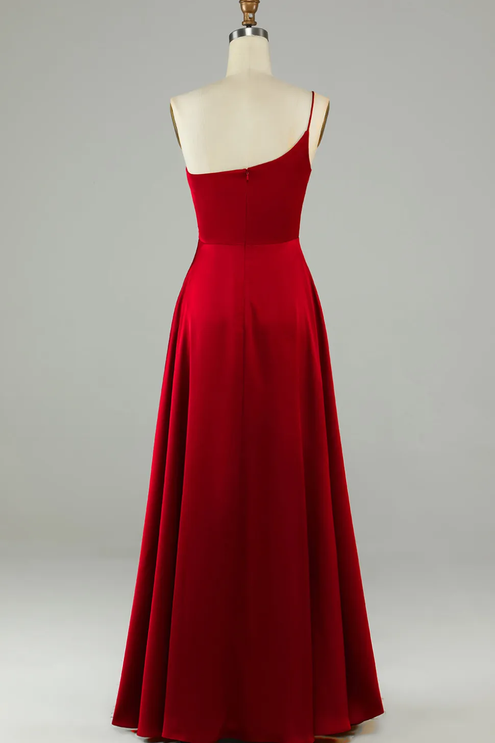 A-Line Um Ombro Borgonha Vestido Longo Madrinha com Folhos
