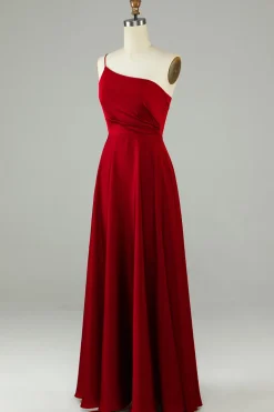 A-Line Um Ombro Borgonha Vestido Longo Madrinha com Folhos