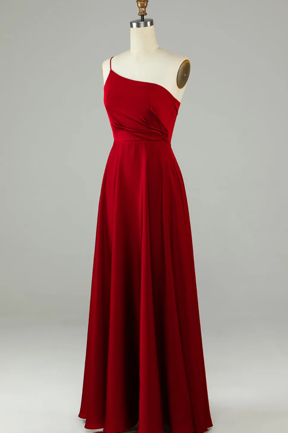 A-Line Um Ombro Borgonha Vestido Longo Madrinha com Folhos