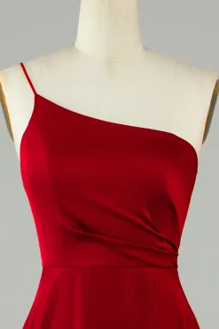 A-Line Um Ombro Borgonha Vestido Longo Madrinha com Folhos
