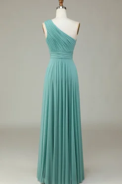 A-Line Um Ombro Vidro do Mar Vestido Longo Madrinha