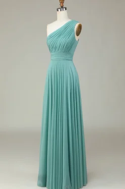 A-Line Um Ombro Vidro do Mar Vestido Longo Madrinha