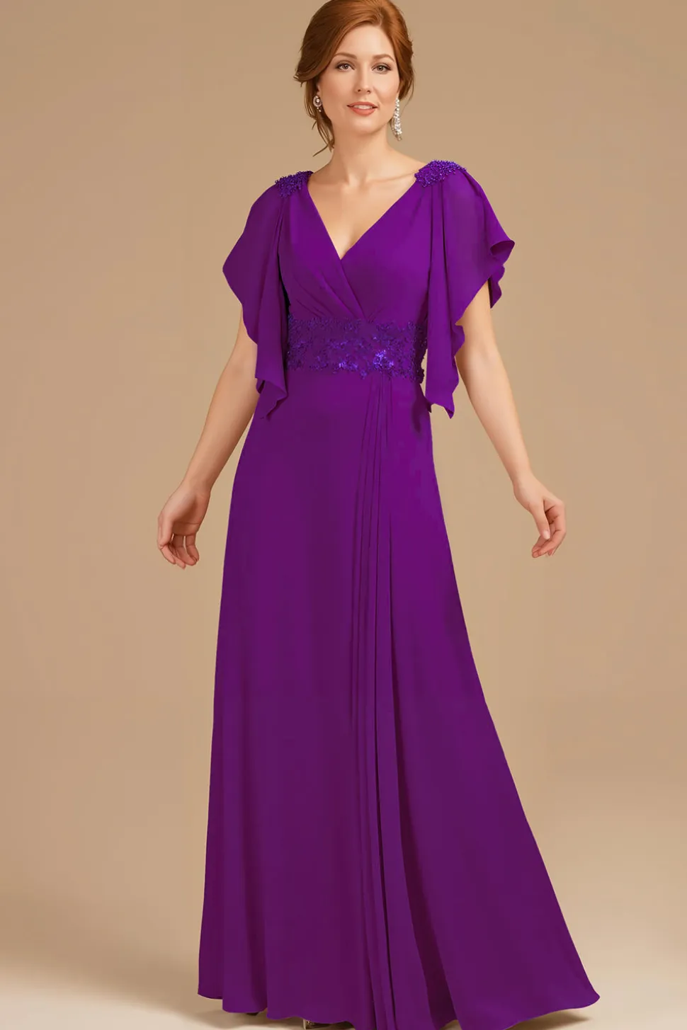 A-Line Uva V-Neck Ruched Flutter Manga Longa Mãe do Vestido da Noiva