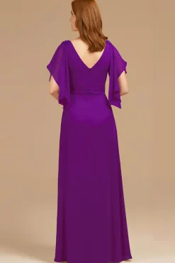 A-Line Uva V-Neck Ruched Flutter Manga Longa Mãe do Vestido da Noiva